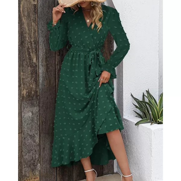 BTFBM Womens Boho Cocktail Maxi Dress 2024 Fall Fashion V Neck Swiss Dot Long Sleeve Flowy Slit Wedding Party DressesSwiss Dot Dark Green