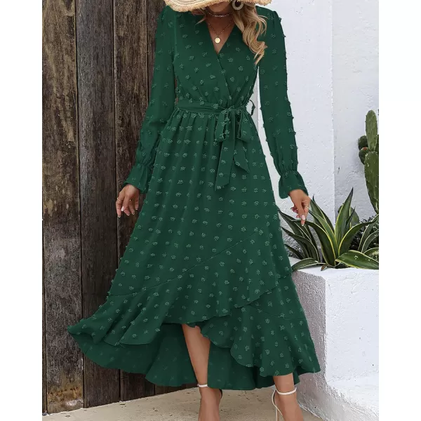 BTFBM Womens Boho Cocktail Maxi Dress 2024 Fall Fashion V Neck Swiss Dot Long Sleeve Flowy Slit Wedding Party DressesSwiss Dot Dark Green