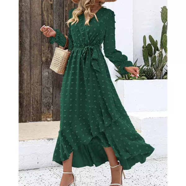 BTFBM Womens Boho Cocktail Maxi Dress 2024 Fall Fashion V Neck Swiss Dot Long Sleeve Flowy Slit Wedding Party DressesSwiss Dot Dark Green
