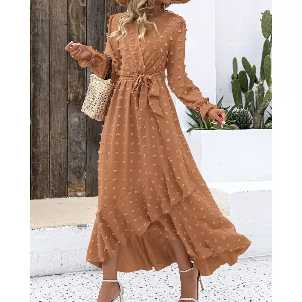 BTFBM Womens Boho Cocktail Maxi Dress 2024 Fall Fashion V Neck Swiss Dot Long Sleeve Flowy Slit Wedding Party DressesSwiss Dot Khaki