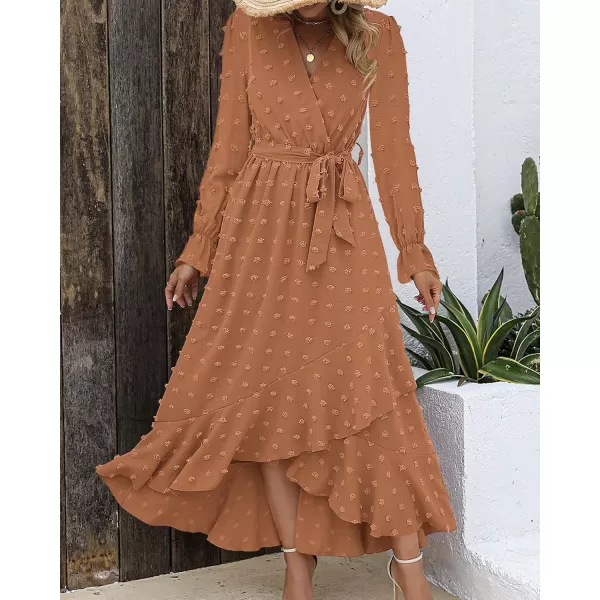 BTFBM Womens Boho Cocktail Maxi Dress 2024 Fall Fashion V Neck Swiss Dot Long Sleeve Flowy Slit Wedding Party DressesSwiss Dot Khaki