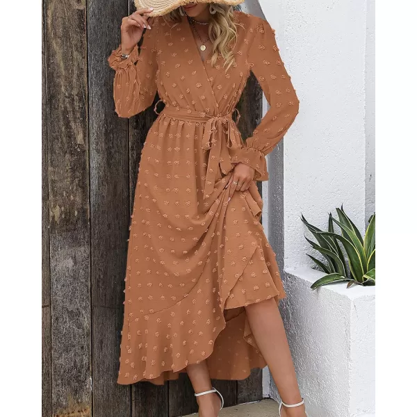 BTFBM Womens Boho Cocktail Maxi Dress 2024 Fall Fashion V Neck Swiss Dot Long Sleeve Flowy Slit Wedding Party DressesSwiss Dot Khaki