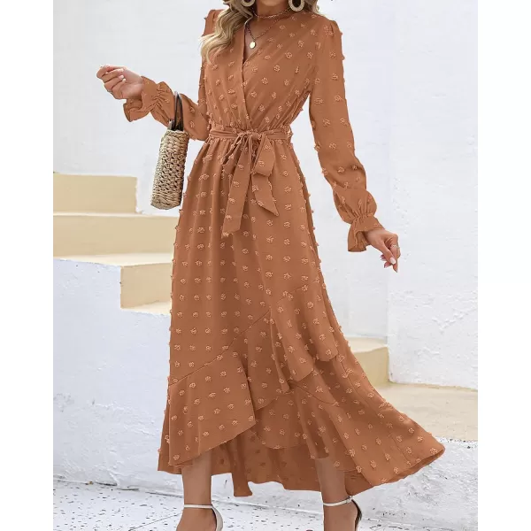 BTFBM Womens Boho Cocktail Maxi Dress 2024 Fall Fashion V Neck Swiss Dot Long Sleeve Flowy Slit Wedding Party DressesSwiss Dot Khaki