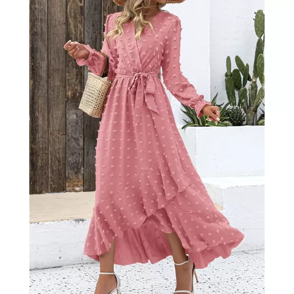 BTFBM Womens Boho Cocktail Maxi Dress 2024 Fall Fashion V Neck Swiss Dot Long Sleeve Flowy Slit Wedding Party DressesSwiss Dot Light Pink