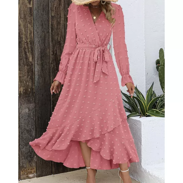 BTFBM Womens Boho Cocktail Maxi Dress 2024 Fall Fashion V Neck Swiss Dot Long Sleeve Flowy Slit Wedding Party DressesSwiss Dot Light Pink