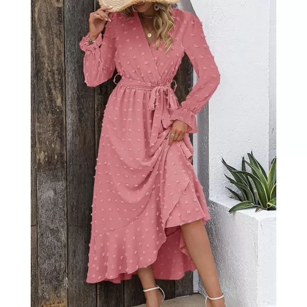BTFBM Womens Boho Cocktail Maxi Dress 2024 Fall Fashion V Neck Swiss Dot Long Sleeve Flowy Slit Wedding Party DressesSwiss Dot Light Pink