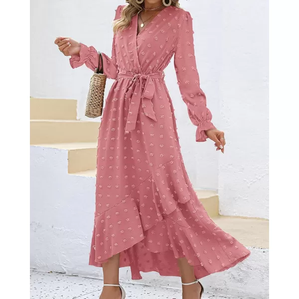 BTFBM Womens Boho Cocktail Maxi Dress 2024 Fall Fashion V Neck Swiss Dot Long Sleeve Flowy Slit Wedding Party DressesSwiss Dot Light Pink