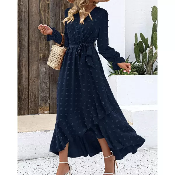 BTFBM Womens Boho Cocktail Maxi Dress 2024 Fall Fashion V Neck Swiss Dot Long Sleeve Flowy Slit Wedding Party DressesSwiss Dot Navy
