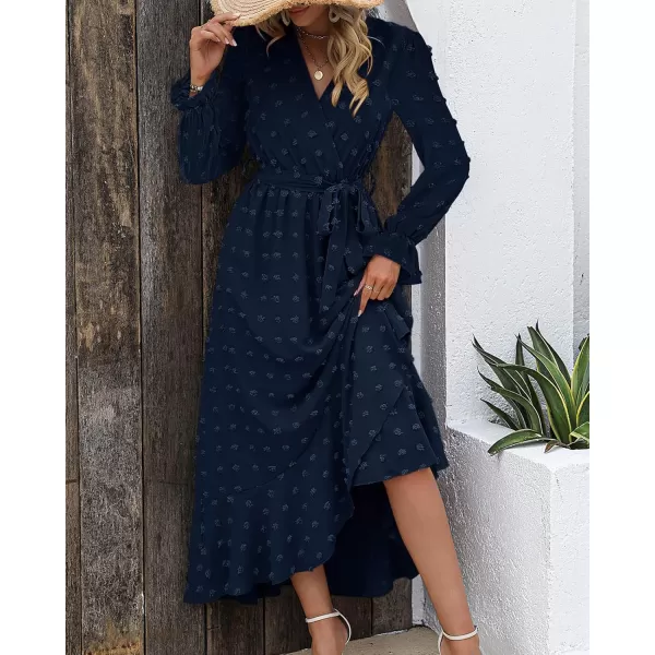 BTFBM Womens Boho Cocktail Maxi Dress 2024 Fall Fashion V Neck Swiss Dot Long Sleeve Flowy Slit Wedding Party DressesSwiss Dot Navy