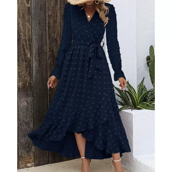 BTFBM Womens Boho Cocktail Maxi Dress 2024 Fall Fashion V Neck Swiss Dot Long Sleeve Flowy Slit Wedding Party DressesSwiss Dot Navy
