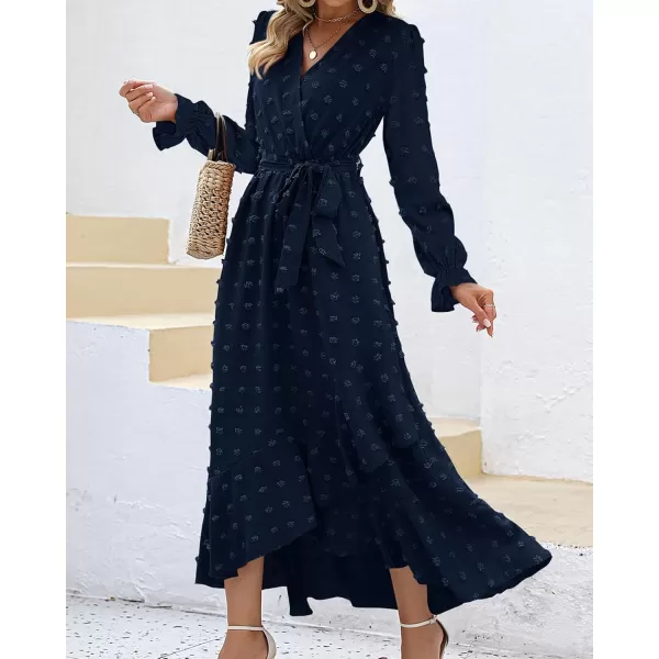 BTFBM Womens Boho Cocktail Maxi Dress 2024 Fall Fashion V Neck Swiss Dot Long Sleeve Flowy Slit Wedding Party DressesSwiss Dot Navy