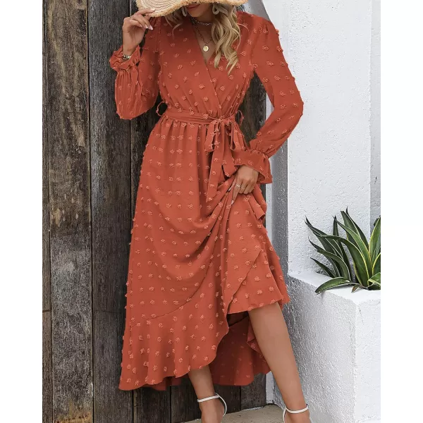 BTFBM Womens Boho Cocktail Maxi Dress 2024 Fall Fashion V Neck Swiss Dot Long Sleeve Flowy Slit Wedding Party DressesSwiss Dot Orange