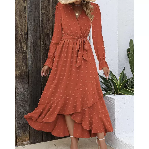 BTFBM Womens Boho Cocktail Maxi Dress 2024 Fall Fashion V Neck Swiss Dot Long Sleeve Flowy Slit Wedding Party DressesSwiss Dot Orange