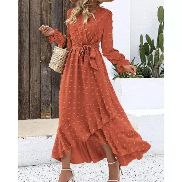 BTFBM Womens Boho Cocktail Maxi Dress 2024 Fall Fashion V Neck Swiss Dot Long Sleeve Flowy Slit Wedding Party DressesSwiss Dot Orange