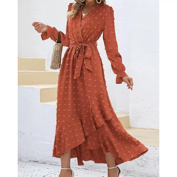 BTFBM Womens Boho Cocktail Maxi Dress 2024 Fall Fashion V Neck Swiss Dot Long Sleeve Flowy Slit Wedding Party DressesSwiss Dot Orange
