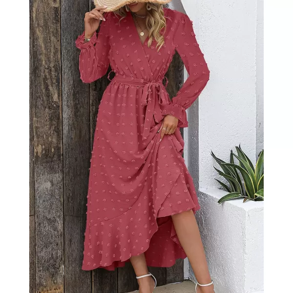 BTFBM Womens Boho Cocktail Maxi Dress 2024 Fall Fashion V Neck Swiss Dot Long Sleeve Flowy Slit Wedding Party DressesSwiss Dot Pink