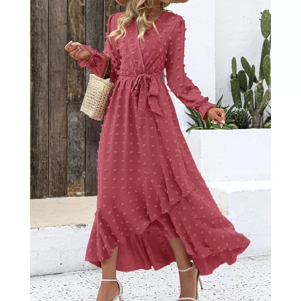 BTFBM Womens Boho Cocktail Maxi Dress 2024 Fall Fashion V Neck Swiss Dot Long Sleeve Flowy Slit Wedding Party DressesSwiss Dot Pink