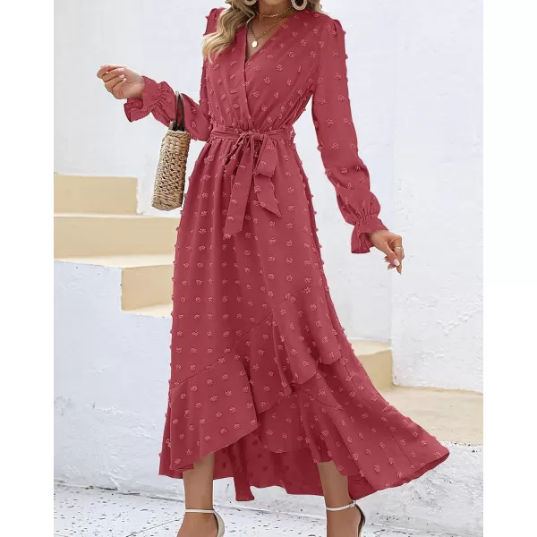 BTFBM Womens Boho Cocktail Maxi Dress 2024 Fall Fashion V Neck Swiss Dot Long Sleeve Flowy Slit Wedding Party DressesSwiss Dot Pink