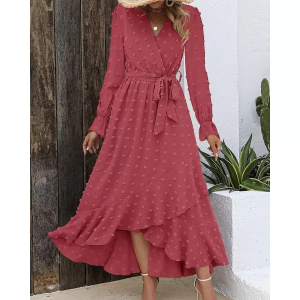 BTFBM Womens Boho Cocktail Maxi Dress 2024 Fall Fashion V Neck Swiss Dot Long Sleeve Flowy Slit Wedding Party DressesSwiss Dot Pink