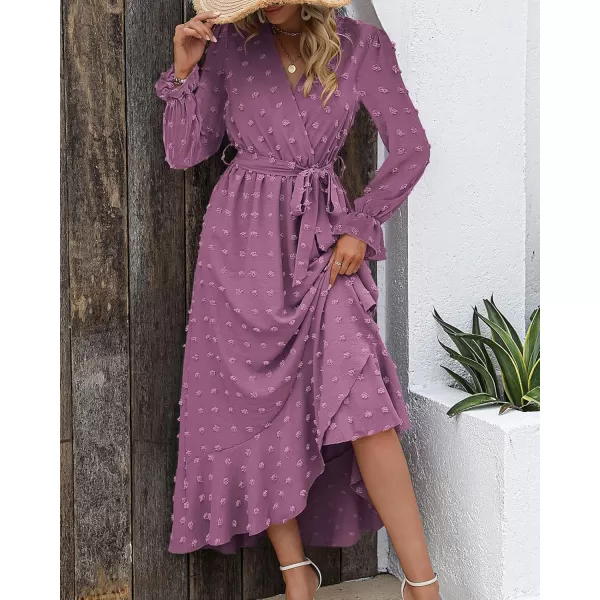 BTFBM Womens Boho Cocktail Maxi Dress 2024 Fall Fashion V Neck Swiss Dot Long Sleeve Flowy Slit Wedding Party DressesSwiss Dot Purple