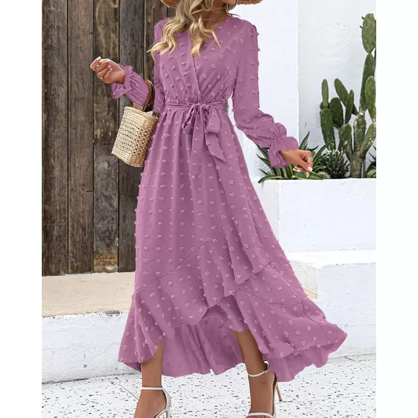 BTFBM Womens Boho Cocktail Maxi Dress 2024 Fall Fashion V Neck Swiss Dot Long Sleeve Flowy Slit Wedding Party DressesSwiss Dot Purple