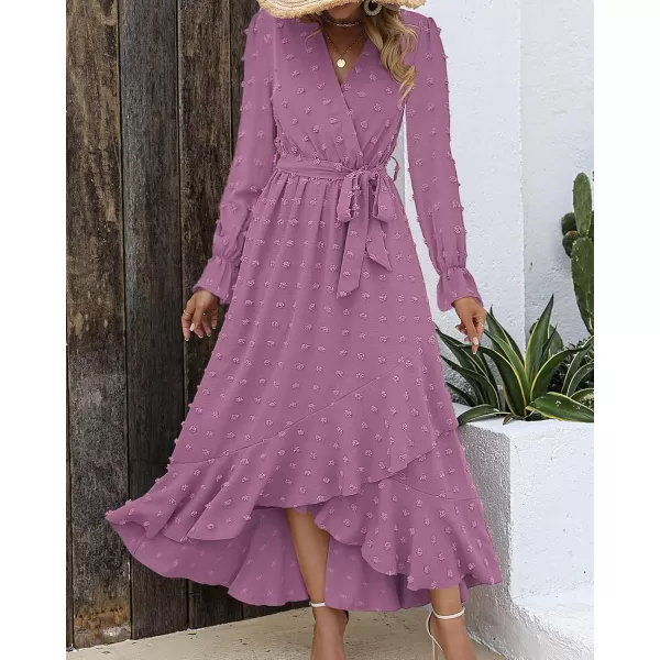 BTFBM Womens Boho Cocktail Maxi Dress 2024 Fall Fashion V Neck Swiss Dot Long Sleeve Flowy Slit Wedding Party DressesSwiss Dot Purple