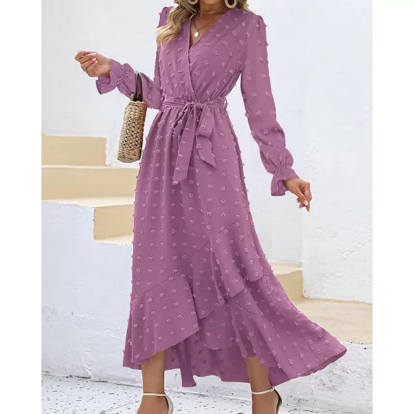 BTFBM Womens Boho Cocktail Maxi Dress 2024 Fall Fashion V Neck Swiss Dot Long Sleeve Flowy Slit Wedding Party DressesSwiss Dot Purple