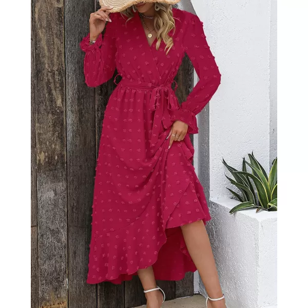 BTFBM Womens Boho Cocktail Maxi Dress 2024 Fall Fashion V Neck Swiss Dot Long Sleeve Flowy Slit Wedding Party DressesSwiss Dot Rose Red