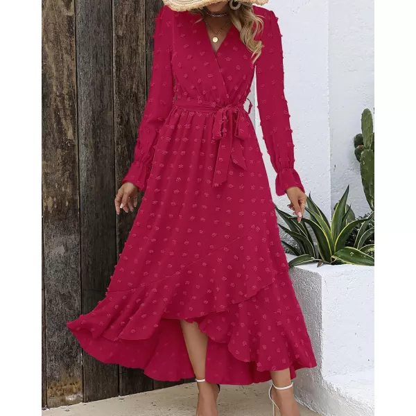 BTFBM Womens Boho Cocktail Maxi Dress 2024 Fall Fashion V Neck Swiss Dot Long Sleeve Flowy Slit Wedding Party DressesSwiss Dot Rose Red