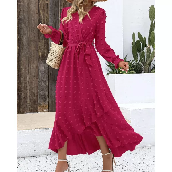 BTFBM Womens Boho Cocktail Maxi Dress 2024 Fall Fashion V Neck Swiss Dot Long Sleeve Flowy Slit Wedding Party DressesSwiss Dot Rose Red