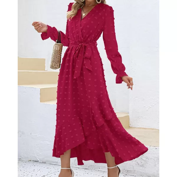 BTFBM Womens Boho Cocktail Maxi Dress 2024 Fall Fashion V Neck Swiss Dot Long Sleeve Flowy Slit Wedding Party DressesSwiss Dot Rose Red