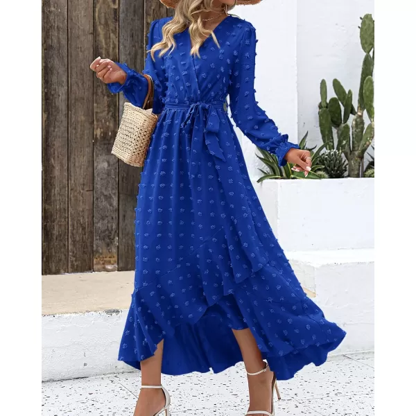 BTFBM Womens Boho Cocktail Maxi Dress 2024 Fall Fashion V Neck Swiss Dot Long Sleeve Flowy Slit Wedding Party DressesSwiss Dot Royal Blue