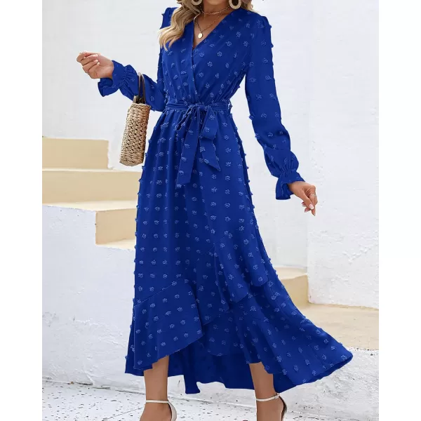 BTFBM Womens Boho Cocktail Maxi Dress 2024 Fall Fashion V Neck Swiss Dot Long Sleeve Flowy Slit Wedding Party DressesSwiss Dot Royal Blue