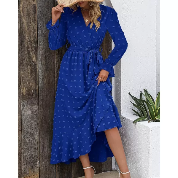BTFBM Womens Boho Cocktail Maxi Dress 2024 Fall Fashion V Neck Swiss Dot Long Sleeve Flowy Slit Wedding Party DressesSwiss Dot Royal Blue