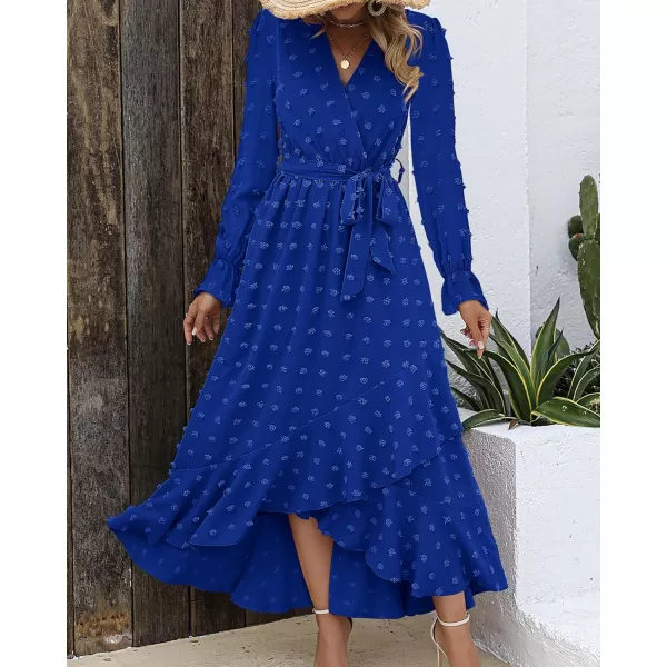 BTFBM Womens Boho Cocktail Maxi Dress 2024 Fall Fashion V Neck Swiss Dot Long Sleeve Flowy Slit Wedding Party DressesSwiss Dot Royal Blue