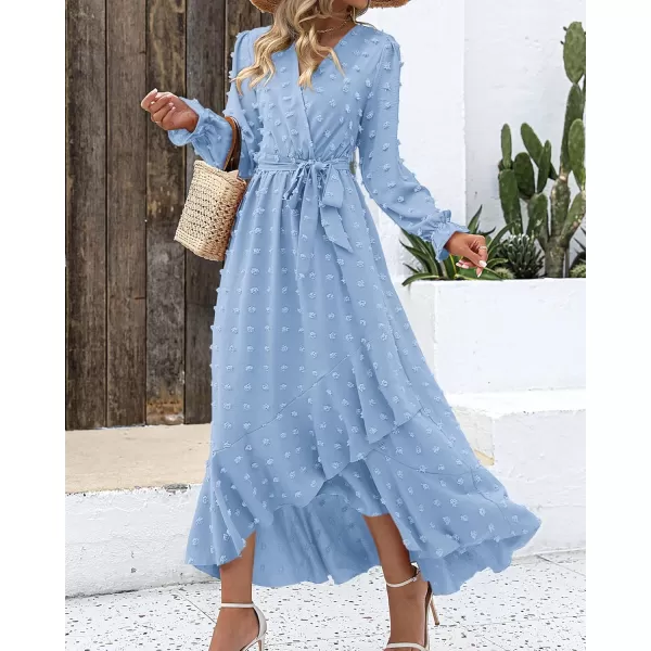 BTFBM Womens Boho Cocktail Maxi Dress 2024 Fall Fashion V Neck Swiss Dot Long Sleeve Flowy Slit Wedding Party DressesSwiss Dot Sky Blue