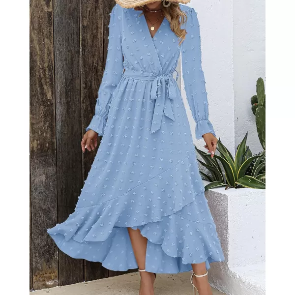 BTFBM Womens Boho Cocktail Maxi Dress 2024 Fall Fashion V Neck Swiss Dot Long Sleeve Flowy Slit Wedding Party DressesSwiss Dot Sky Blue