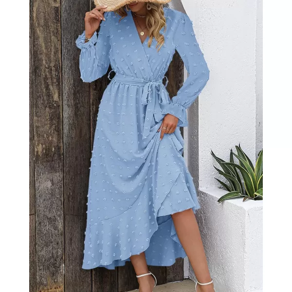 BTFBM Womens Boho Cocktail Maxi Dress 2024 Fall Fashion V Neck Swiss Dot Long Sleeve Flowy Slit Wedding Party DressesSwiss Dot Sky Blue