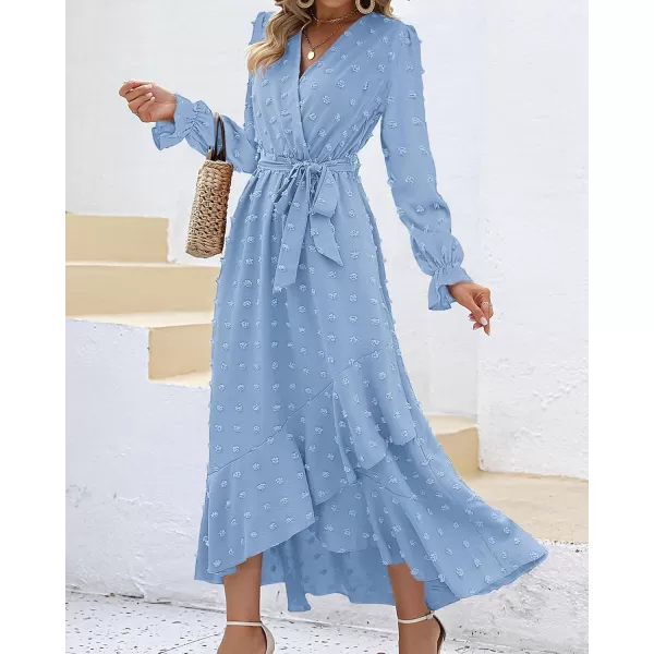 BTFBM Womens Boho Cocktail Maxi Dress 2024 Fall Fashion V Neck Swiss Dot Long Sleeve Flowy Slit Wedding Party DressesSwiss Dot Sky Blue