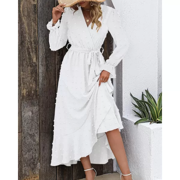 BTFBM Womens Boho Cocktail Maxi Dress 2024 Fall Fashion V Neck Swiss Dot Long Sleeve Flowy Slit Wedding Party DressesSwiss Dot White