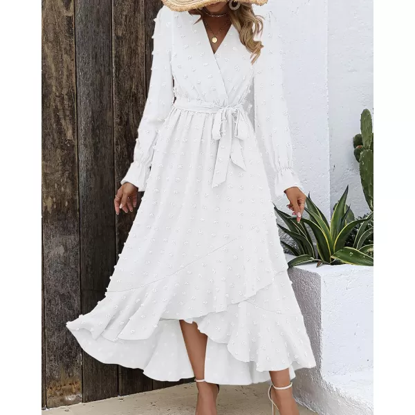BTFBM Womens Boho Cocktail Maxi Dress 2024 Fall Fashion V Neck Swiss Dot Long Sleeve Flowy Slit Wedding Party DressesSwiss Dot White