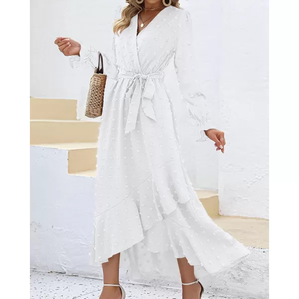 BTFBM Womens Boho Cocktail Maxi Dress 2024 Fall Fashion V Neck Swiss Dot Long Sleeve Flowy Slit Wedding Party DressesSwiss Dot White