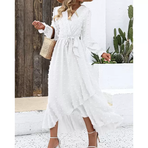 BTFBM Womens Boho Cocktail Maxi Dress 2024 Fall Fashion V Neck Swiss Dot Long Sleeve Flowy Slit Wedding Party DressesSwiss Dot White