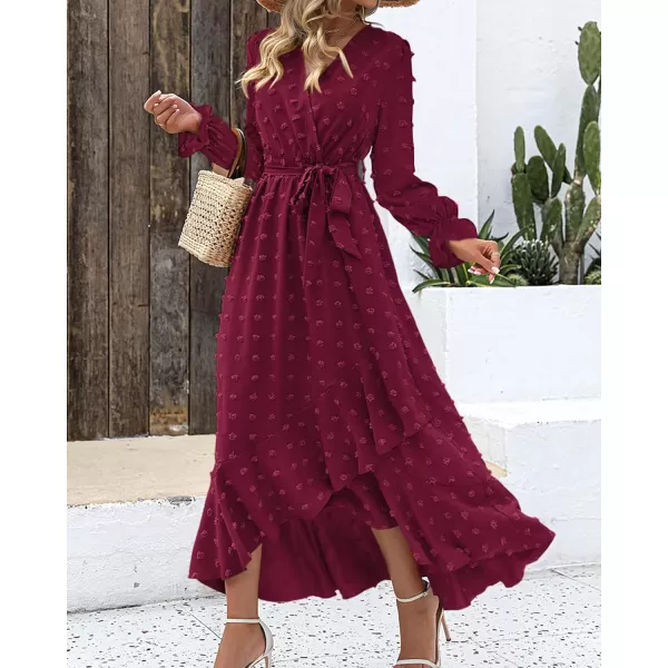 BTFBM Womens Boho Cocktail Maxi Dress 2024 Fall Fashion V Neck Swiss Dot Long Sleeve Flowy Slit Wedding Party DressesSwiss Dot Wine Red