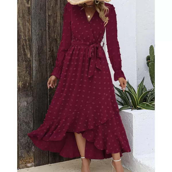 BTFBM Womens Boho Cocktail Maxi Dress 2024 Fall Fashion V Neck Swiss Dot Long Sleeve Flowy Slit Wedding Party DressesSwiss Dot Wine Red