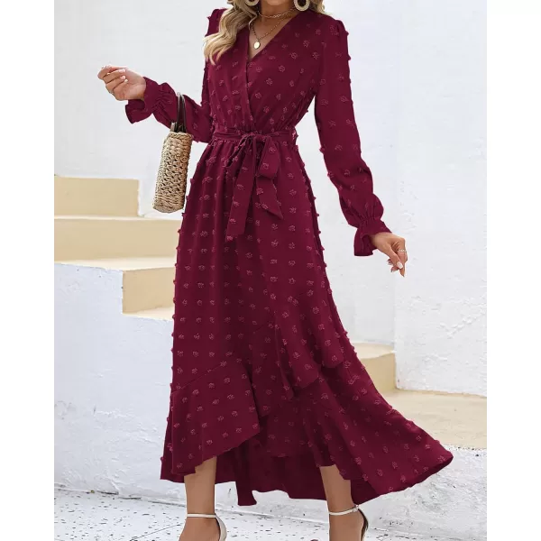BTFBM Womens Boho Cocktail Maxi Dress 2024 Fall Fashion V Neck Swiss Dot Long Sleeve Flowy Slit Wedding Party DressesSwiss Dot Wine Red
