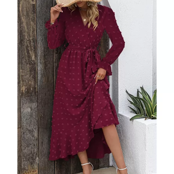 BTFBM Womens Boho Cocktail Maxi Dress 2024 Fall Fashion V Neck Swiss Dot Long Sleeve Flowy Slit Wedding Party DressesSwiss Dot Wine Red