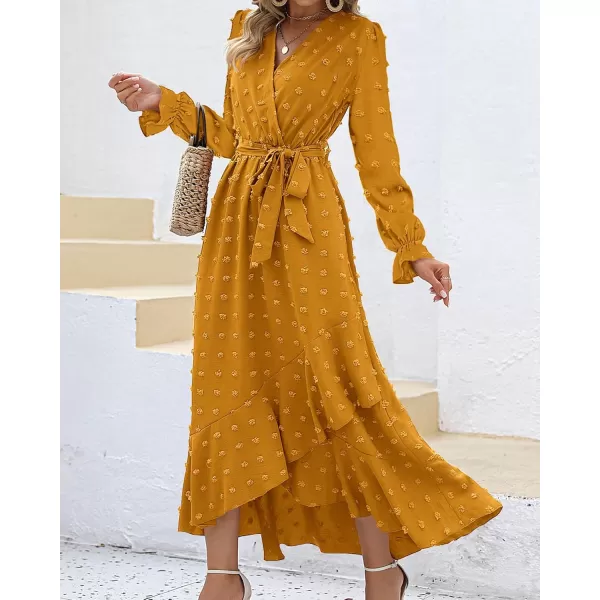 BTFBM Womens Boho Cocktail Maxi Dress 2024 Fall Fashion V Neck Swiss Dot Long Sleeve Flowy Slit Wedding Party DressesSwiss Dot Yellow