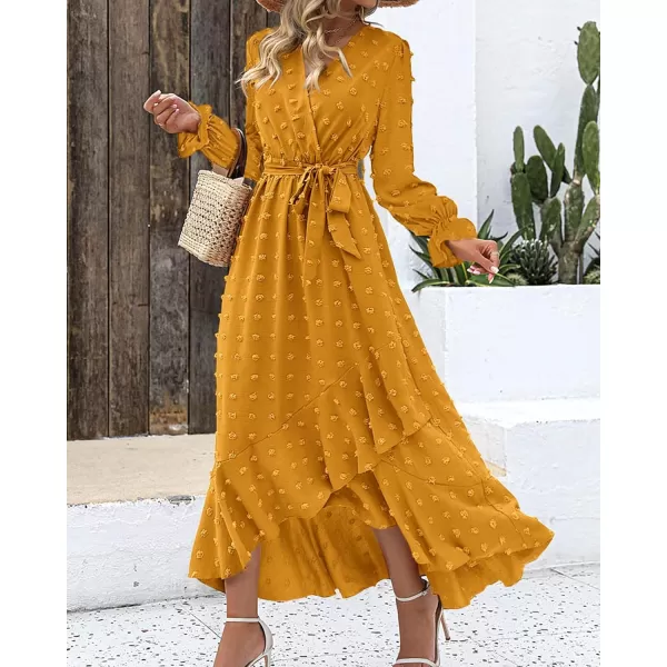 BTFBM Womens Boho Cocktail Maxi Dress 2024 Fall Fashion V Neck Swiss Dot Long Sleeve Flowy Slit Wedding Party DressesSwiss Dot Yellow