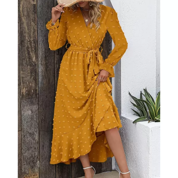 BTFBM Womens Boho Cocktail Maxi Dress 2024 Fall Fashion V Neck Swiss Dot Long Sleeve Flowy Slit Wedding Party DressesSwiss Dot Yellow